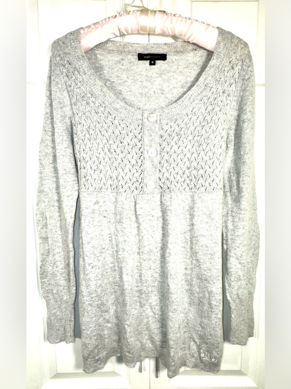 BCBGMAXAZRIA Angora Wool Blend Pointelle Tunic Sweater Gray M